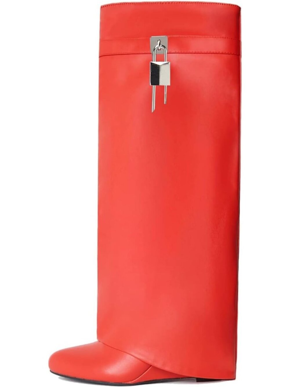 Women's Red Fold Over Wide Calf Wedge Heel Knee High With Decorative Lock Boot